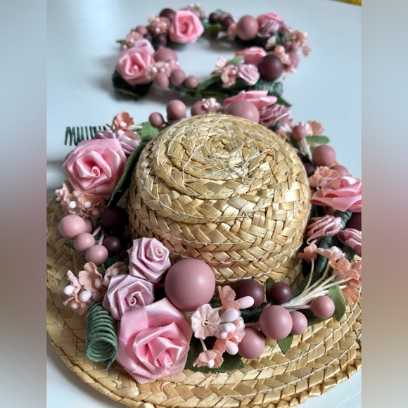 victorian flower wreaths Satin ribbon roses, pinks & green 5 1/2" Set of 2 &hat - Picture 14 of 15